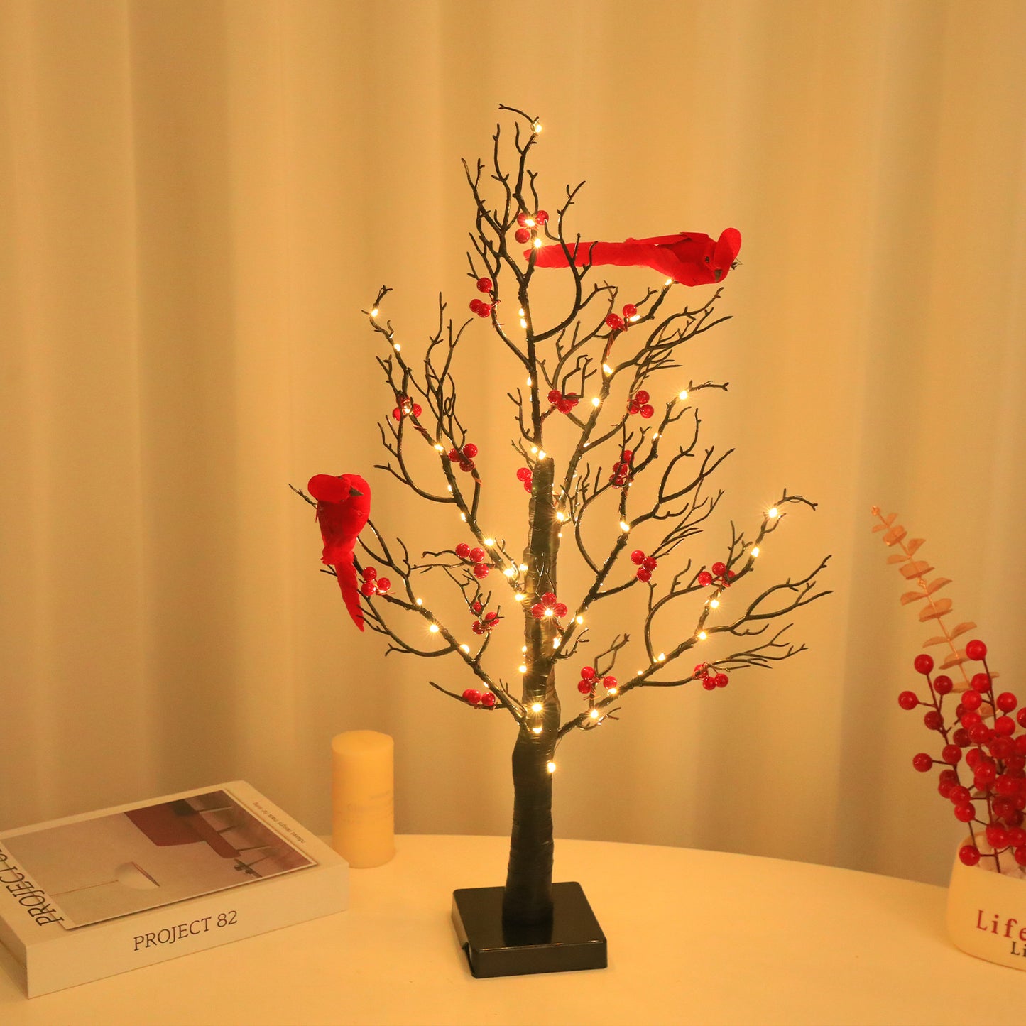 Vintage Mini Birch Tree Light with Cardinals | All Homes