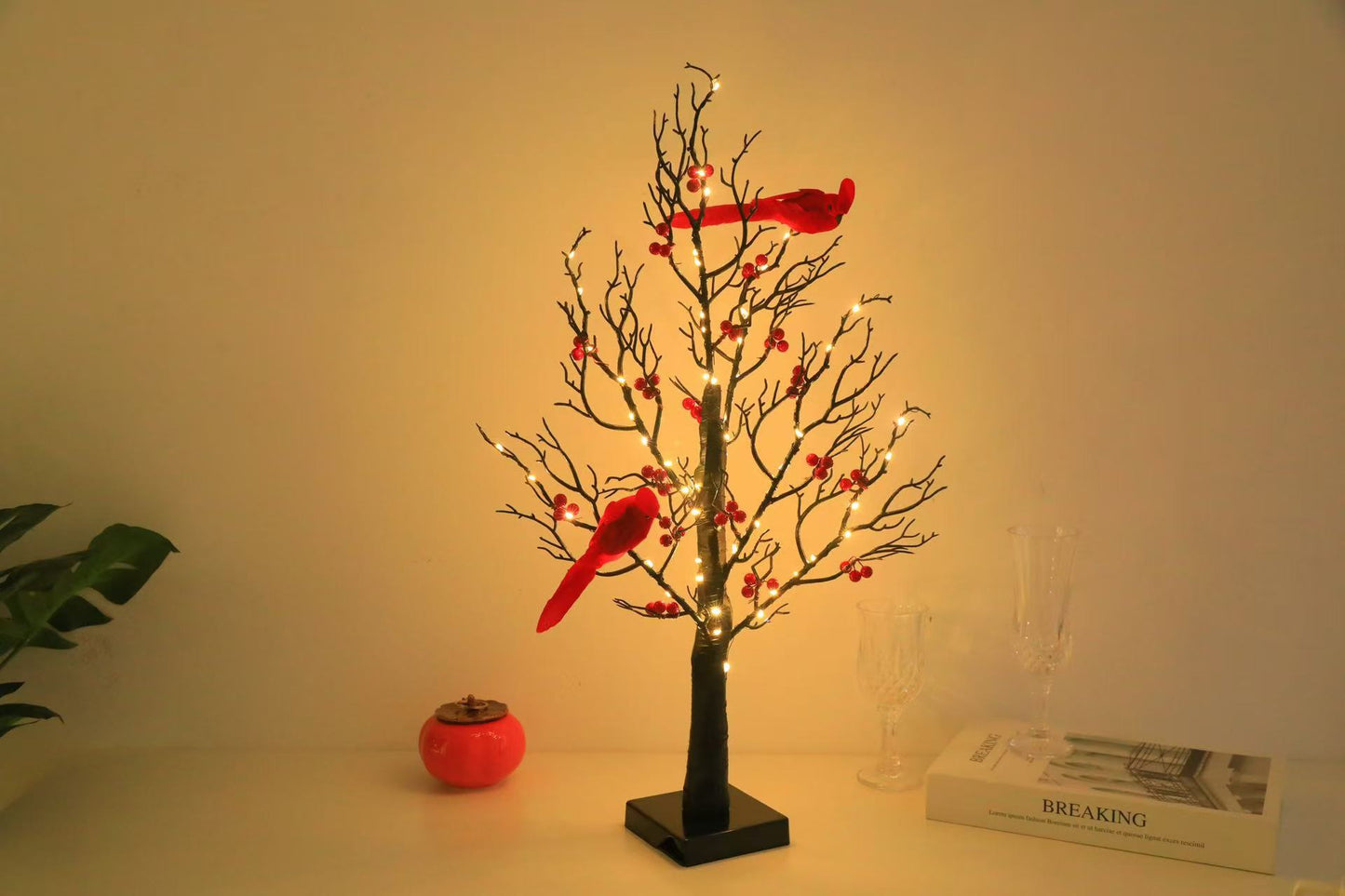 Vintage Mini Birch Tree Light with Cardinals | All Homes