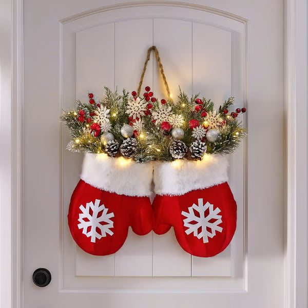 All Homes Christmas Gloves Wreath Decor with Lights – Holiday Door & Wall Hanging Ornament